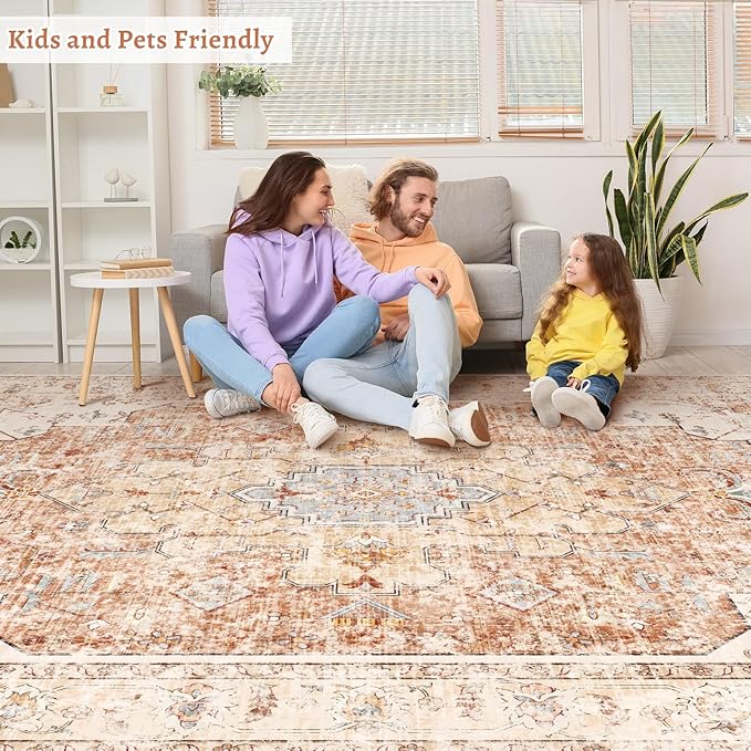 Tangsoo 4x6 Area Rug for Living Room, Washable Vintage Indoor, Distressed Brick Red Carpet for Bedroom, Non Slip Dining Room, Soft Low Pile Rugs Foldable for Dorm Bedside Bathroom