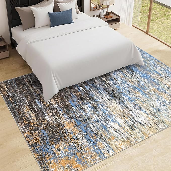 Washable Rug 5x7 Abstract Area Rug for Living Room, Non Slip Foldable Soft Rugs for Bedroom, Stain Resistant Rugs Modern Fuzzy Rug, Indoor Floor Carpet for Entryway Home, Blue/Brown