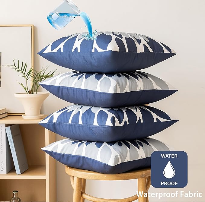 Qahing Pack of 4 Outdoor Waterproof Pillow Covers 18x18 Decorative Outdoor Throw Pillows Garden Square Cushion Cases for Patio Furniture, Couch, Tent Sunbrella, Bench, Navy Blue Grey