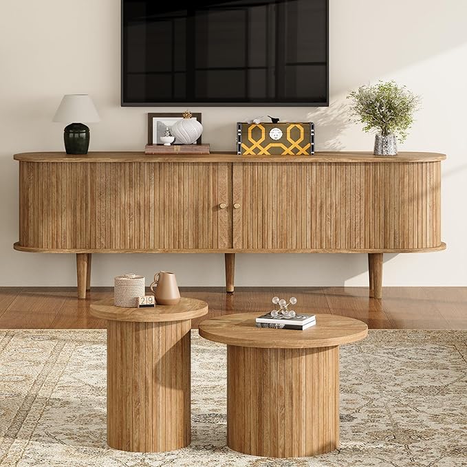 70" TV Stand with Tambour Door, Mid Century Modern TV Console with Solid Wood Legs for TVs up to 80", Fluted Entertainment Center with Dust-Proof Storage for Living Room, Natural Oak