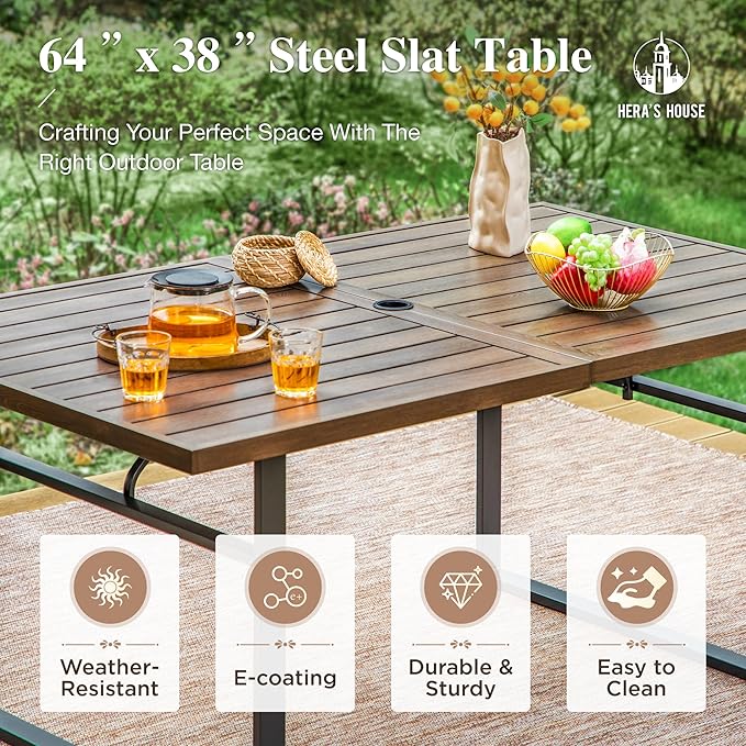HERA'S HOUSE Patio Table and Chairs Set 7-Piece, Outdoor Dining Furniture Set with Cushions, All-Weather 64" Wood Grain Table with 1.6"-2" Umbrella Hole & Wicker Chairs for Backyard, Garden, Deck