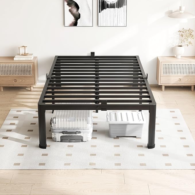 14 Inch Twin Size Bed Frame, 3500Lbs Heavy Duty Metal Platform with Round Corner Legs Mattress Slide Stopper, Steel Slat Support No Box Spring Needed, Noise Free, Non-Slip, Easy Assembly