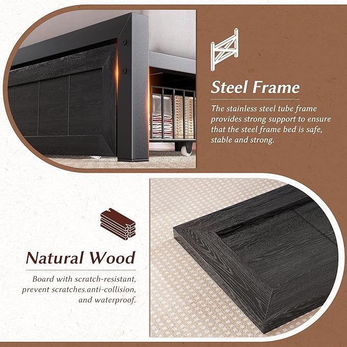 EnHomee Queen Size Bed Frame with 2 Storage Drawers and Headboard Built in Charging Station & LED Light,NO Noise,No Box Spring Needed,Black