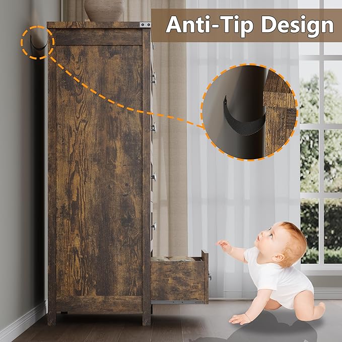 Tall 5-Drawer Dresser, Modern Wooden Storage Chest of Drawers, Dresser TV Stand, Wood Drawer Organizer with Metal Handles for Bedroom, Living Room, Hallway