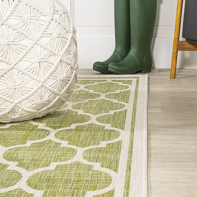 Eyely BMS109G-5SQ Santa Monica Trebol Moroccan Trellis Textured Weave Indoor/Outdoor Area Rug Coastal;Bohemian, Bedroom, Backyard, Patio, Easy-Cleaning, Non-Shedding, 5' Square, Green/Cream