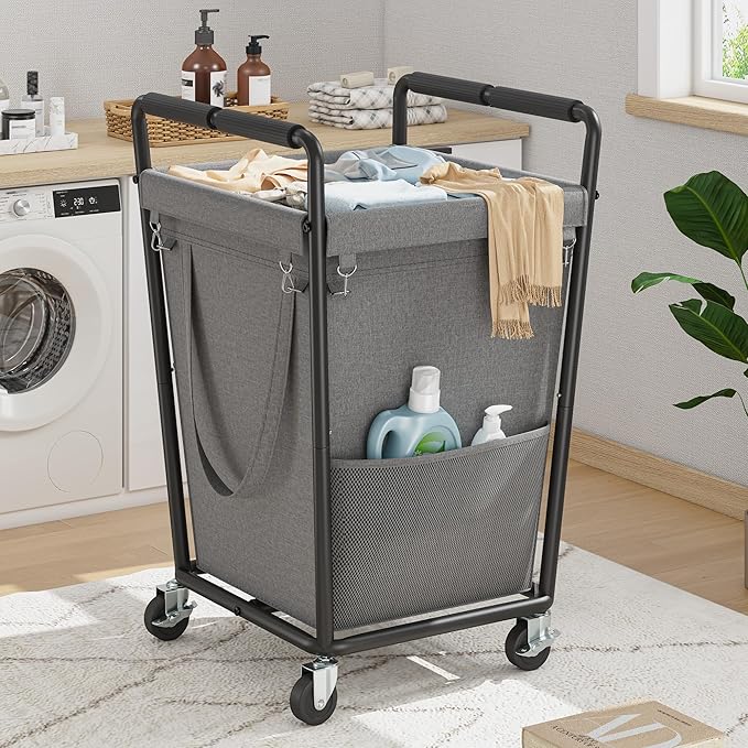 Laundry Basket with Wheels & Handles, 180L Laundry Cart with Removable Bag & Metal Frame for Clothes Storage, Laundry Room Organization Rolling Hamper with Wheels For Laundry, Dorm (Gray)