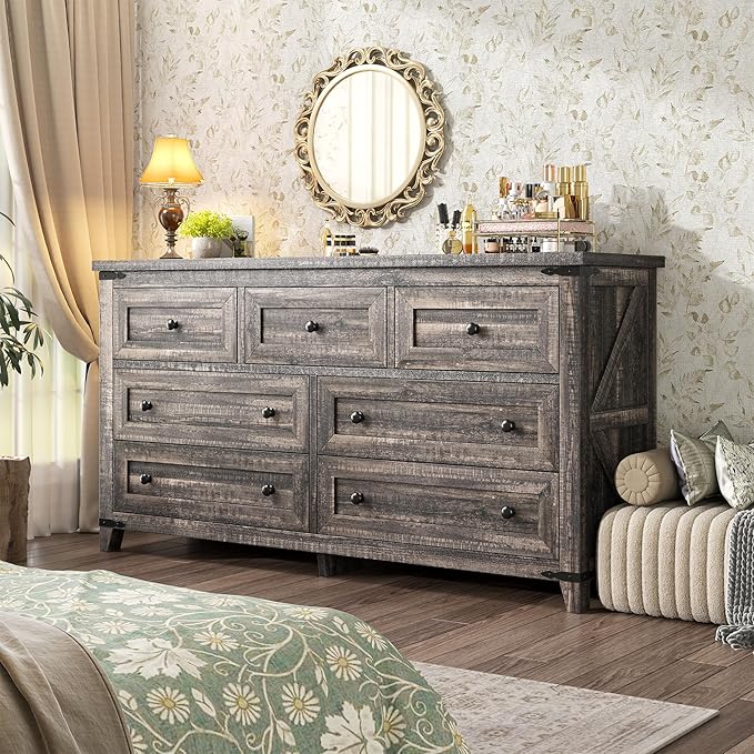 Farmhouse Dresser & Chest of Drawers, 7 Drawer Dresser with Smooth Metal Rails, Wide Large Storage Drawers and TV Stand for Bedroom, Hallway, or Closet