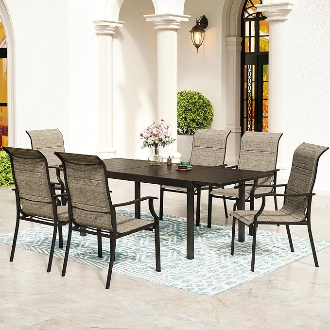 7 Piece Patio Dining Sets for 6, Metal Outdoor Table and Chairs Set with Extendable Rectangular Patio Dining Table and 6 Patio Dining Chairs, Outdoor Dining Set for Backyard Deck Lawn