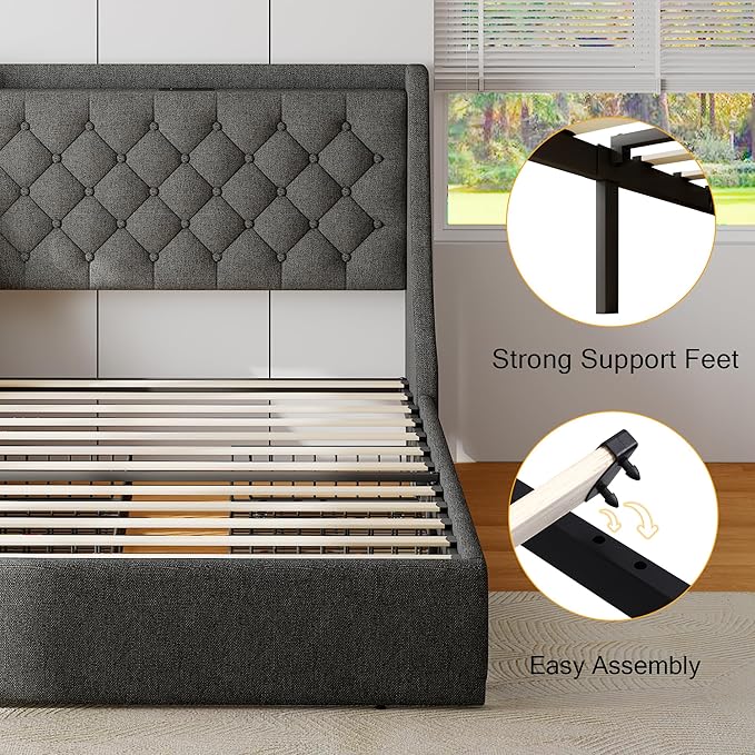 Upholstered Twin Bed Frame with 4 Storage Drawers, Platform Bed Frame with Large Wingback Headboard, Charging Station, No Box Spring Needed, Easy Assembly, Dark Grey