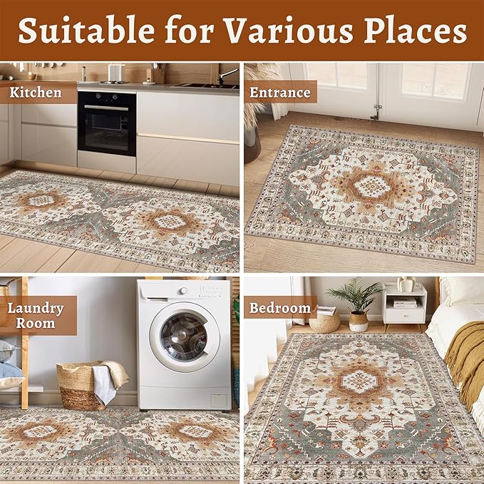 Tangsoo 8x10 Area Rug for Living Room, Washable Vintage Indoor Non Slip Large Area Rugs, Print Distressed Turmeric Carpet, Soft Low Pile Rug Foldable Floor Rug for Bedroom Dining Room Dorm