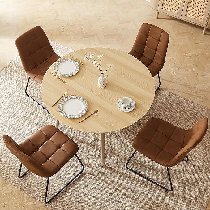 43.3 Inch Round Dining Table Set for 4, Modern Small Kitchen Coffee Set for Dining Room Kitchen Apartment (Cream Table+4 U-Shaped Brown Chairs)