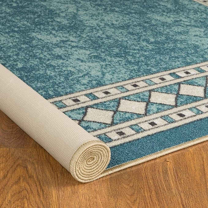 Antep Rugs Alfombras Modern Bordered 8x10 Non-Skid (Non-Slip) Low Profile Pile Rubber Backing Indoor Area Rugs (Blue, 7'10" x 10')