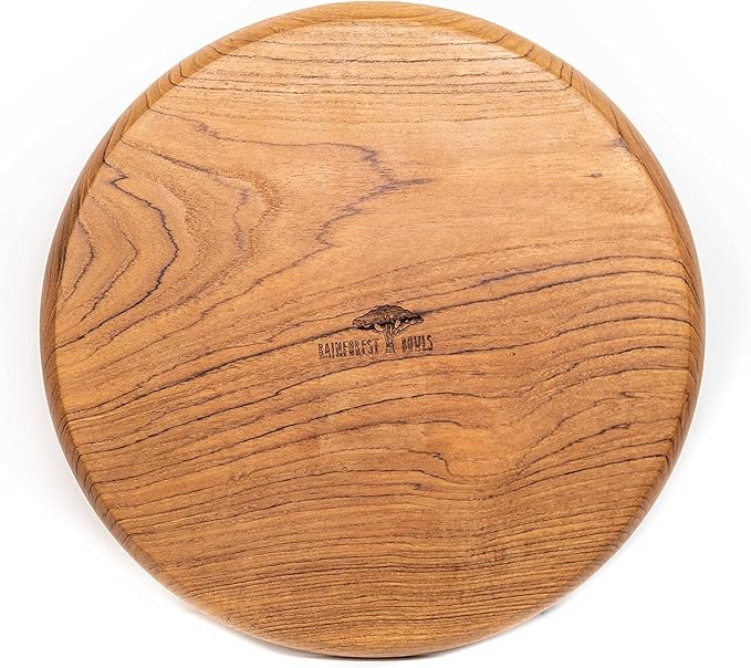 Rainforest Bowls Set of 2 12" Round Javanese Teak Wood Dinner Plates- Perfect for Everyday Use- Hot & Cold Friendly, Ultra-Durable, Premium Wooden Plates- Handcrafted by Indonesian Artisans