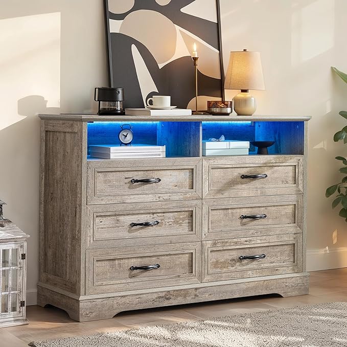 Dressers for Bedroom,6 Drawers Dresser with LED Light,Power Outlets and Open Shelves,Chests of Drawers for 65 inch TV, for Hallway, Entryway, Light Rustic Oak