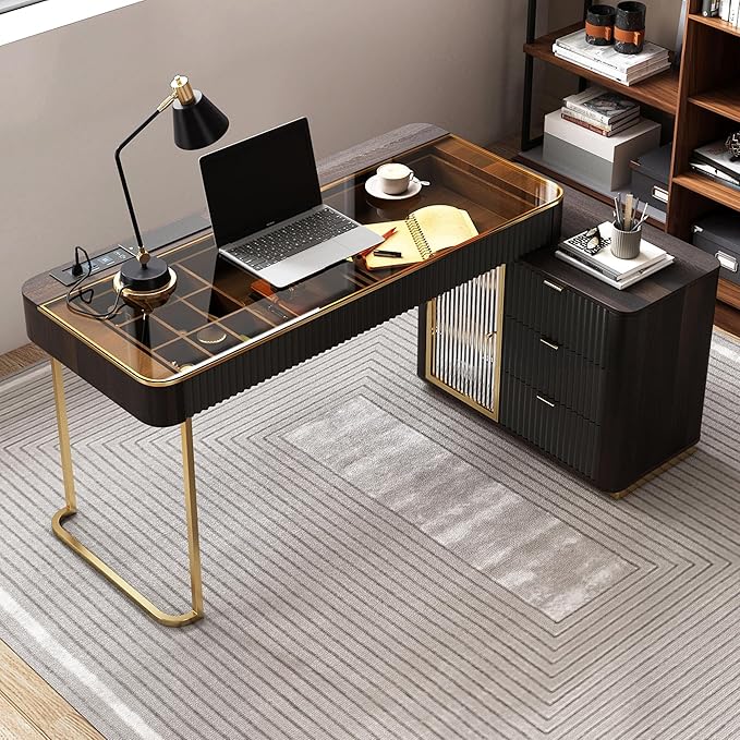 Lartis Office Desk, Very Easy to Assemble, Computer Desk, Home Telescopic Writing Desk, Modern Computer Desk with Retractable Cabinet Built-in LED Lights (Black Brown, 53 in)