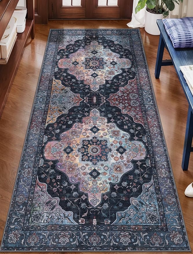 Tangsoo 2x6 Washable Runner Rug for Hallways, Non Slip Vintage Runner, Soft Low Pile Long Rug Runner, Print Distressed Navy/Mlulti Carpet Runners for Kitchen Bedroom Entryway Bathroom Living Room