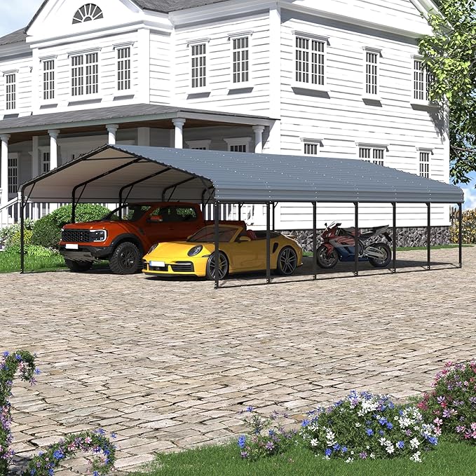 EROMMY 20x30 FT Heavy Duty Metal Carport, Carports with Galvanized Steel Roof and Frame, Sturdy Car Shed in All Weathers, Easy Assembly Car-Shelter for 2 Cars, SUV, Tractors and Boat, Gray