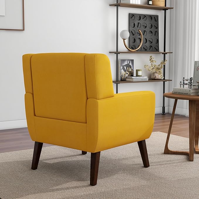 Accent Chair, Mid-Century Modern Fabric Chairs with Arms for Living Room, Comfy Upholstered Club Single Sofa Armchair for Bedroom Waiting Room with Solid Wood Frame (Fabric Yellow, Set of 2)