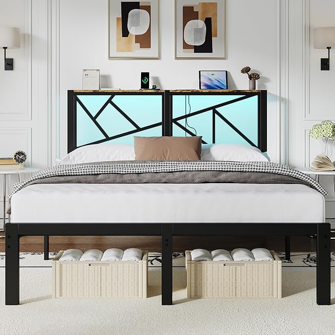 Full Size Black Metal Bed Frame with USB Charging Station, LED Ambient Lighting, and Wooden Storage Headboard - Includes Under-Bed Storage, No Box Spring Needed, Noise Free, Easy Assembly