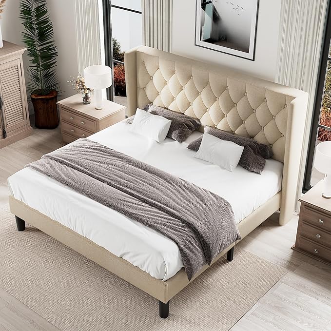 King Size Upholstered Bed Frame with Wingback Headboard, Fabric Linen Platform Bed, 8" Under Bed Storage, Wooden and Metal Slats Support, No Box Spring Needed, Beige