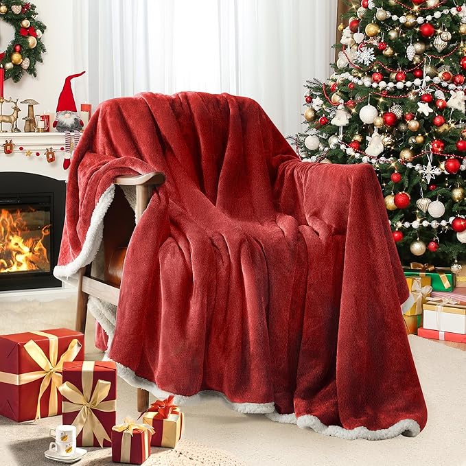 BEAUTEX Sherpa Fleece Throw Blankets, Soft Fluffy Flannel Plush Blanket and Throw, Fuzzy Cozy Red Cuddle Blankets for Couch Bed Sofa Adults (50" x 60", Wine)