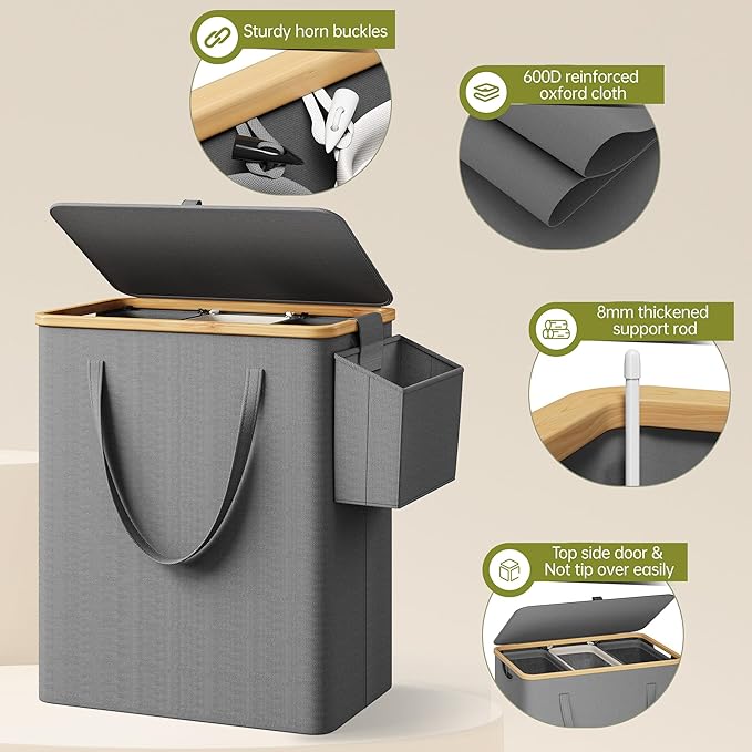175L Laundry Hamper with Lid 3 Section, Extra Large Laundry Basket with 3 Removable Bags, 46 GAL Laundry Basket Organizer for Bedroom, Laundry Room, Dorm, Grey