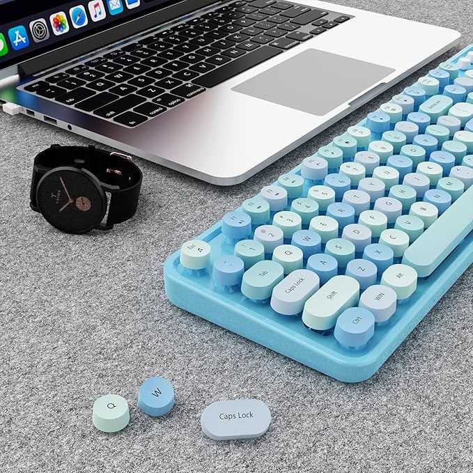 Wireless Keyboard and Mouse Combo, Ergonomic Full Size Typewriter Retro Round Keycaps Keyboard, Compatible with Windows, PC, Perfer for Home and Office Keyboards (Blue