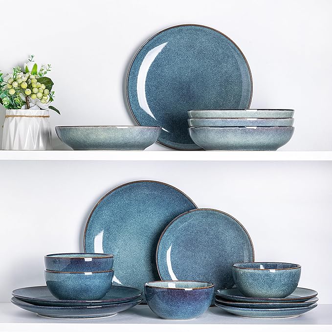 AmorArc Ceramic Dinnerware Sets for 6, 18 Pieces Handpainted Plates and Bowls Set, Scratch Resistant Stoneware Dishes Set, Dishwasher & Microwave Safe, Ceylon Blue