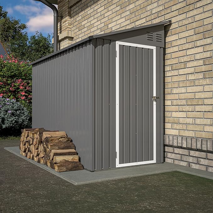 Shed Lean to Storage Shed, Outdoor 4' x 8' Metal Wall Side Storage Sheds & Outdoor Storage, Garden Storage Cabinet for Backayrd, Patio and Outdoor Use,Grey