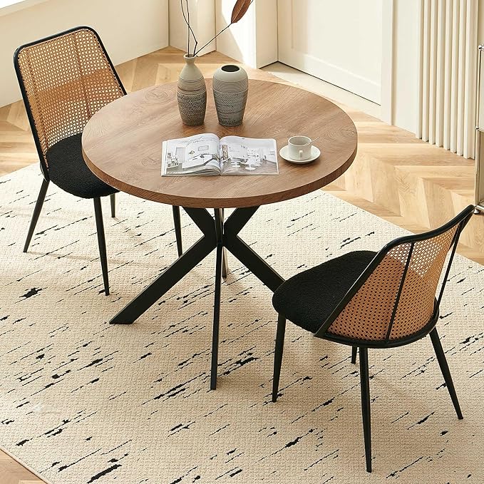 Dining Chairs Set of 2, Boho Rattan Back Dining Room Chairs Upholstered Boucle Round Dining Chairs