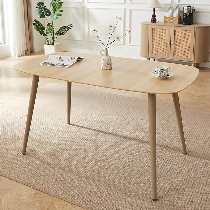 55 Inch Cat Scratch Resistant Dining Table Set for 4 - Modern Wood Table & White Leather Chairs, Kitchen & Dining Room Furniture 4 Seater Set (55.1")