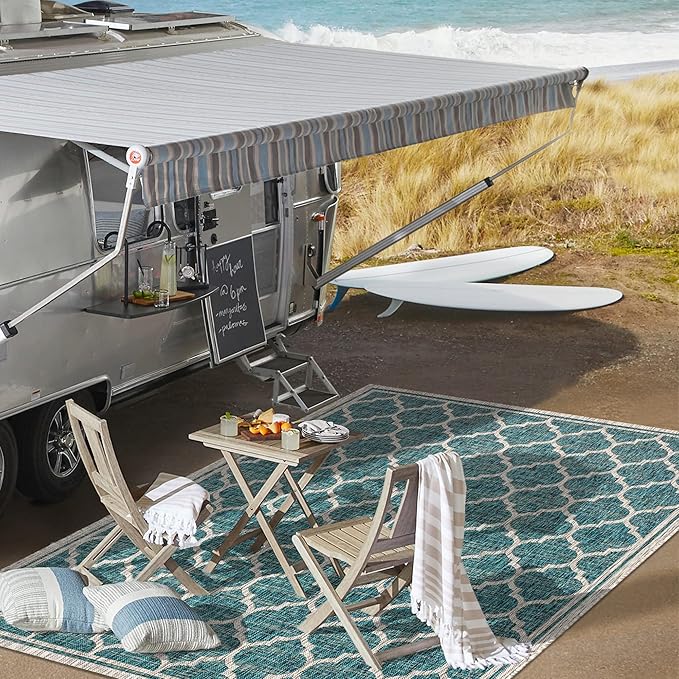 Eyely BMS109E-5 Santa Monica Trebol Moroccan Trellis Textured Weave Indoor/Outdoor Area Rug Coastal;Bohemian, Bedroom, Backyard, Patio, Easy-Cleaning, Non-Shedding, 5 X 8, Teal/Gray