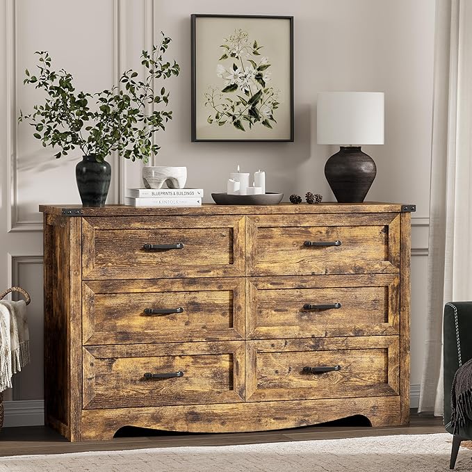 Dresser for Bedroom with 6 Drawers, 48" Wide Wood Chest of Drawers with Deep Drawers & Mental Handle, Modern Dresser TV Stand, Wooden Closet Storage Organizer for Living Room, Hallway, Entryway, Brown