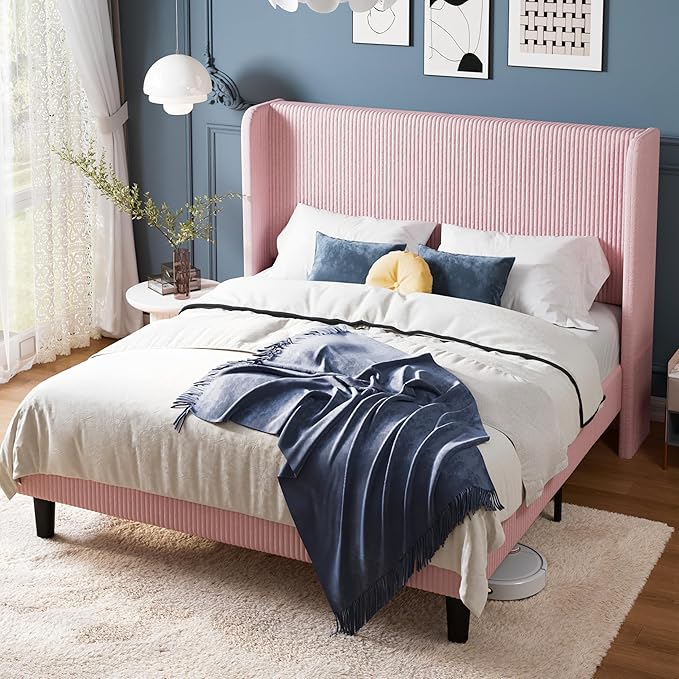 Allewie Queen Size Bed Frame with Upholstered Wingback Headboard, Vertical Channel Tufted Corduroy Velvet Platform Bed, Strong Wooden Slats Support, No Box Spring Needed, Easy Assembly, Light Pink