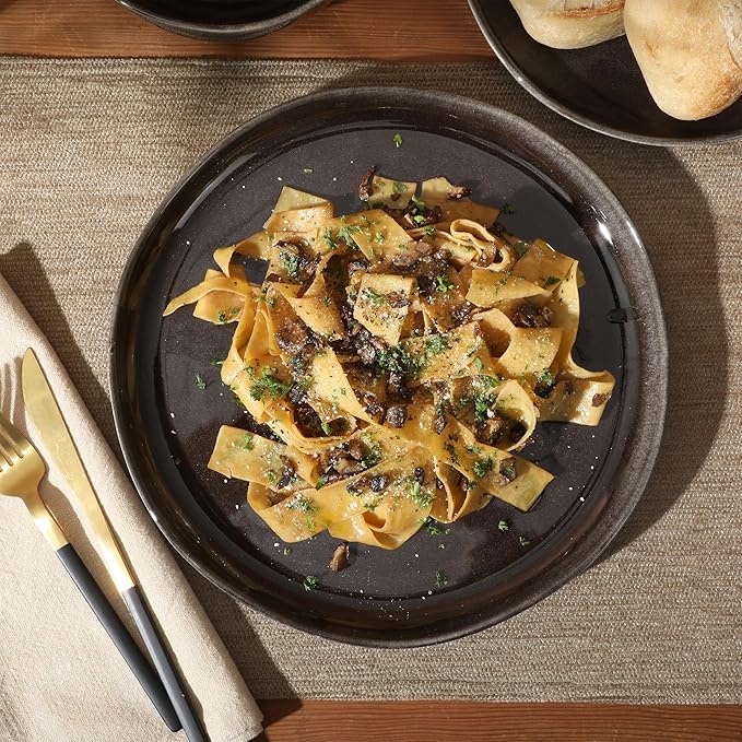 Gibson Elite Nardini 12 Piece (Service for 4) Plates and Bowls Reactive Glaze Dishes Stoneware Ceramic Dinnerware Set - Black