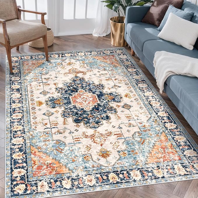 Tangsoo 3x5 Rug for Bedroom, Washable Vintage Rugs Indoor, Non Slip Accent Rug, Print Distressed Blue/Beige Carpet, Soft Low Pile for Living Room Dorm Bedroom Bedside Entryway Bathroom