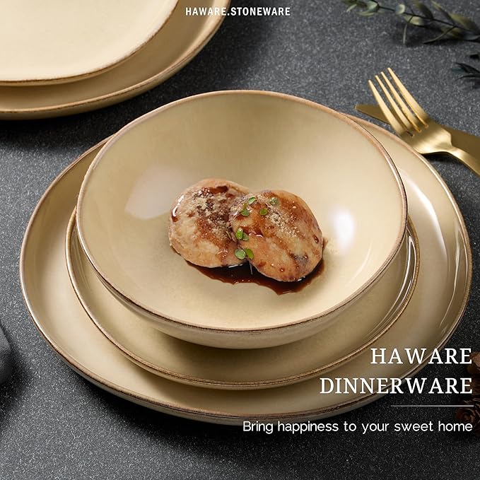 HaWare Plates and Bowls Set, Stoneware Dinnerware Sets, 18-Piece Hand-painted Dishware for 6, Scratch Resistant Ceramic Dinner Set for Home Kitchen, Microwave and Dishwasher Safe, Reactive Sandy Khaki