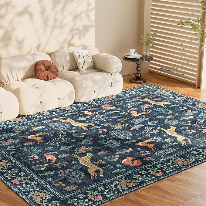 DUKINO 6x9 Rug, Washable Animal Living Room Rug with Non Slip Vintage Design, Soft Low Pile Large Carpet for Bedroom, Nursery, Dining Room, Farmhouse, Playroom, Navy Blue