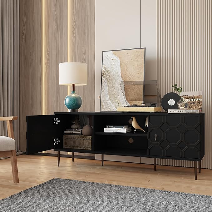 Modern TV Stand for 65/70inch TV, Entertainment Center with Storage Cabinet and Open Shelves, Embossed Pattern TV Stand, TV and Media Console for Living Room, Bedroom, Black