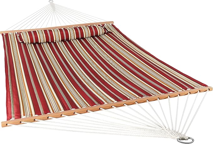 Sunnydaze Quilted Outdoor Hammock with Spreader Bars - Heavy-Duty 450-Pound Capacity Double Hammock for Outside - Red Stripe
