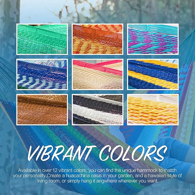 PNAEUT Mayan Hammock, Handwoven XL Thick Soft Rope Hammocks for Outdoor Indoor, Max 600 lbs Capacity, Tree Straps & Carabiners Included (Tropical, No Stand)