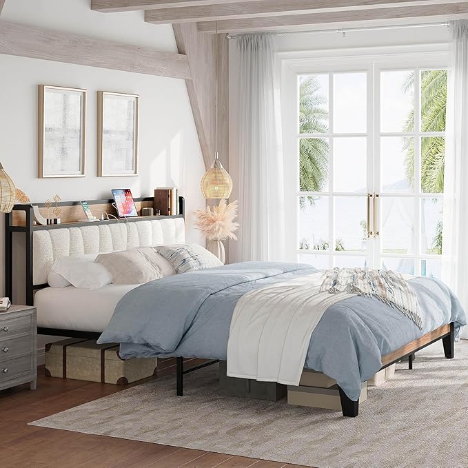LIKIMIO California King Bed Frames, Storage Headboard with Charging Station, Solid and Stable, Noise Free, No Box Spring Needed, Easy Assembly, Wood and Cream