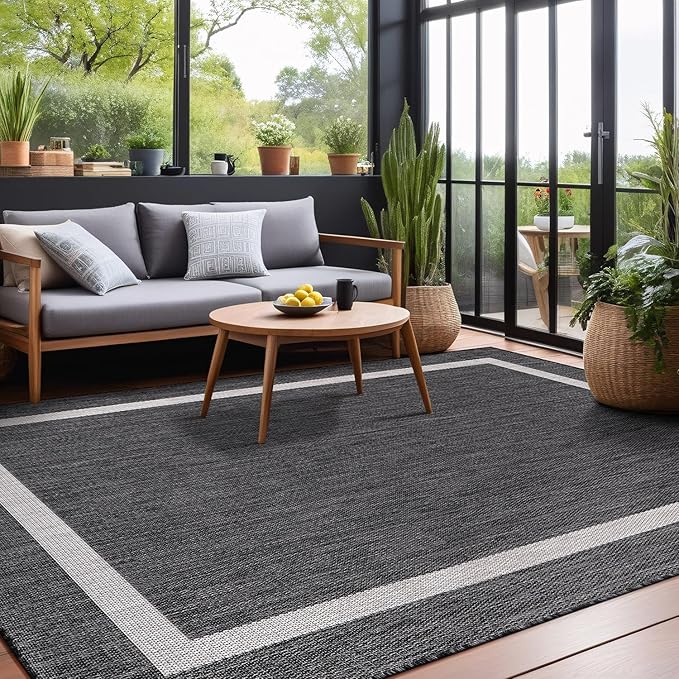 Bordered Outdoor Rug 6x9 Washable Outside Carpet for Indoor Patio Porch Waterproof Easy Cleaning Non Shedding Area Rugs Gray 6 x 9