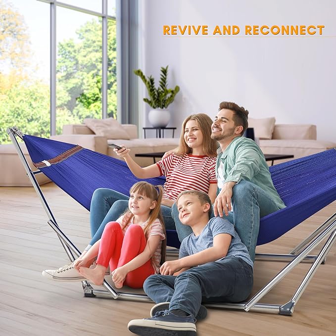 Tranquillo Double Hammock with Stand 650lb Capacity Double Hammock with Spreader Bar, Solid Grade 201 Stainless Steel 30s Set Up, Sturdy Flexible Hammock Stand Portable (Blue)