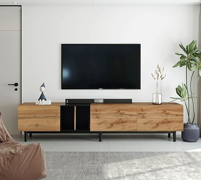 Merax Modern TV Entertainment Center with 3 Cabinets & Open Shelves, Wood TV Stand for TVs Up to 80” for Living Room Bedroom (Natural)