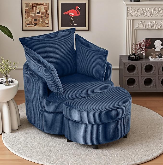 Swivel Accent Chair with Ottoman Comfy Reading Chairs for Bedroom Modern Corduroy Arm Chair 360°Swivel Barrel Chairs for Living Room,Apartment (Blue, 1)