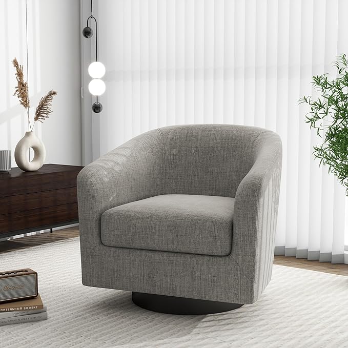 Swivel Barrel Accent Chair, Modern Round Linen Arm Chair for Living Room, Bedroom, Comfy Club Reading Chairs for Adults(Linen Fabric, Khaki, Set of 4