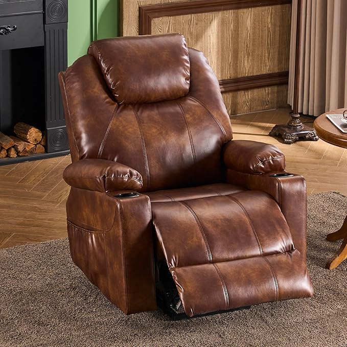 SALOHZA Power Lift Recliner Chair for Elderly with Massage and Heat for Living Room, Electric Recliner Chair for Adults with USB/Type C Port/Cup Holders, PU Faux Leather, Light Brown