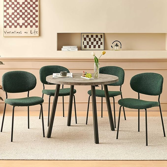 5-Pieces Kitchen Dining Table Set for 4, Grey Round Table MDF with 4 Metal Hooks for Hanging, Modern Dining Room Table Set with 4 Seated Green Boucle Dining Chairs for Dining Room, Cafe