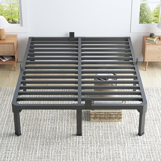 California King Bed Frame with Mattress Slide Stopper, 14 Inch Metal Platform Bed Frame, Heavy Duty Tall Bed Frame No Box Spring Needed with Large Storage Space, Easy Assembly, Noise Free